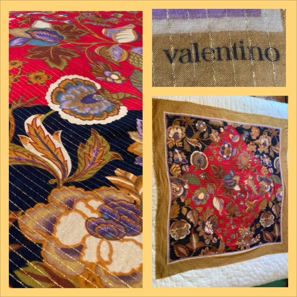 Enormous Vintage Valentino Wool Floral Print Scarf with Lamé Stripes - **As Is**